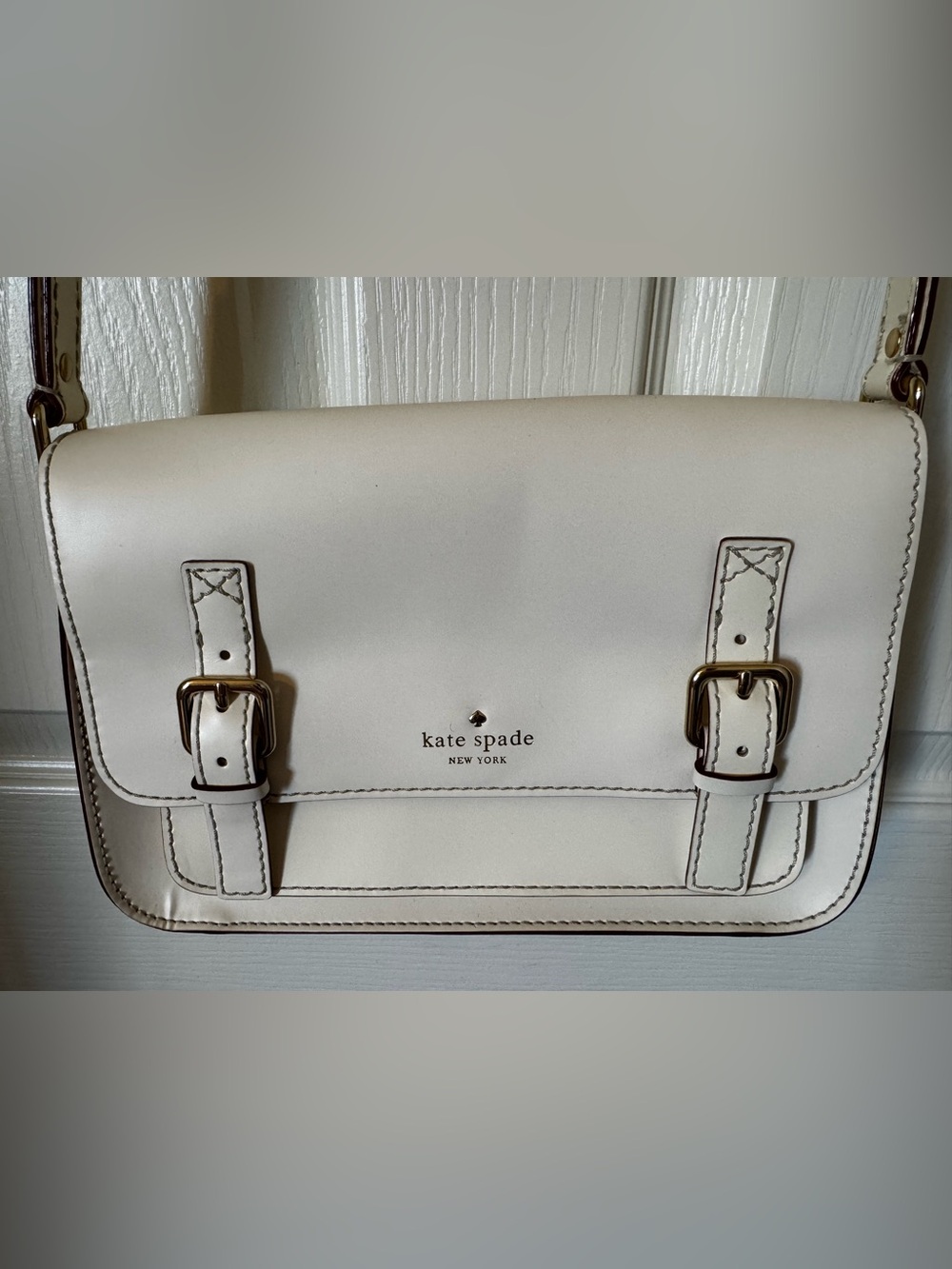 Kate Spade Cream Leather Crossbody Satchel with Buckle Straps